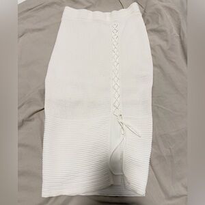 Cream Ribbed Knee-Length Pencil Skirt